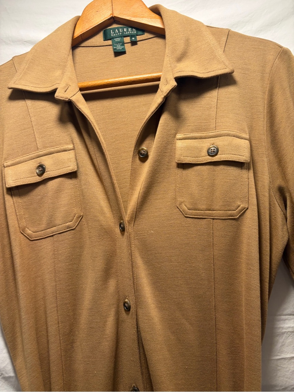Lauren Ralph Lauren Tan Button-Front Silk blend Belted Shirt Dress - Picture 3 of 13